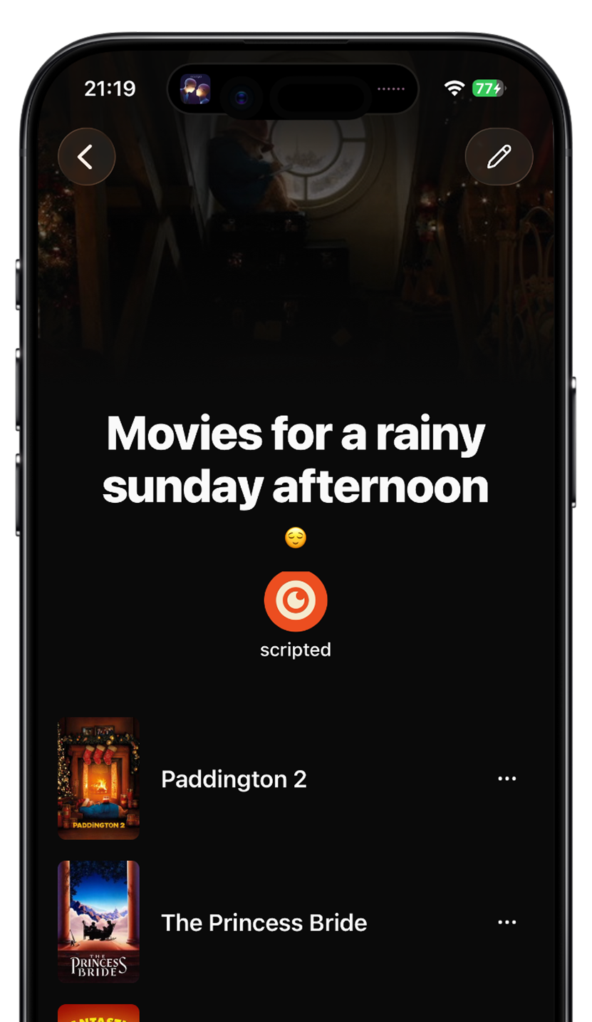 Scripted app interface showing custom movie lists